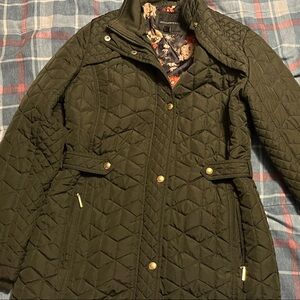 Weatherproof Dark Green Quilted Jacket with Gold Accents and floral inside